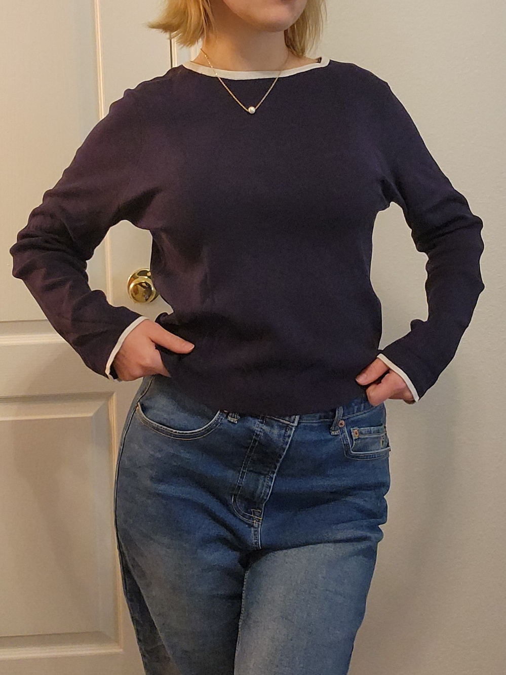 Divided H&M Navy Blue Contrast Trim Fine Knit Long Sleeve Sweater Top XXL Prep